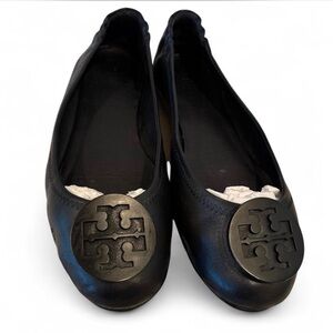 Tory Burch Foldable Minnie Black Leather Ballet Flats | Size 9.5| Classic Logo